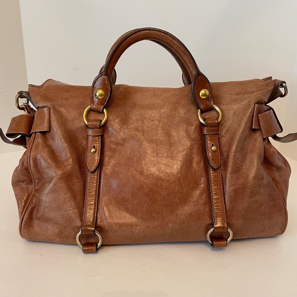 Miu Miu Cognac Brown Leather Duffel Shoulder Bag with Gold Hardware - Picture 2 of 16
